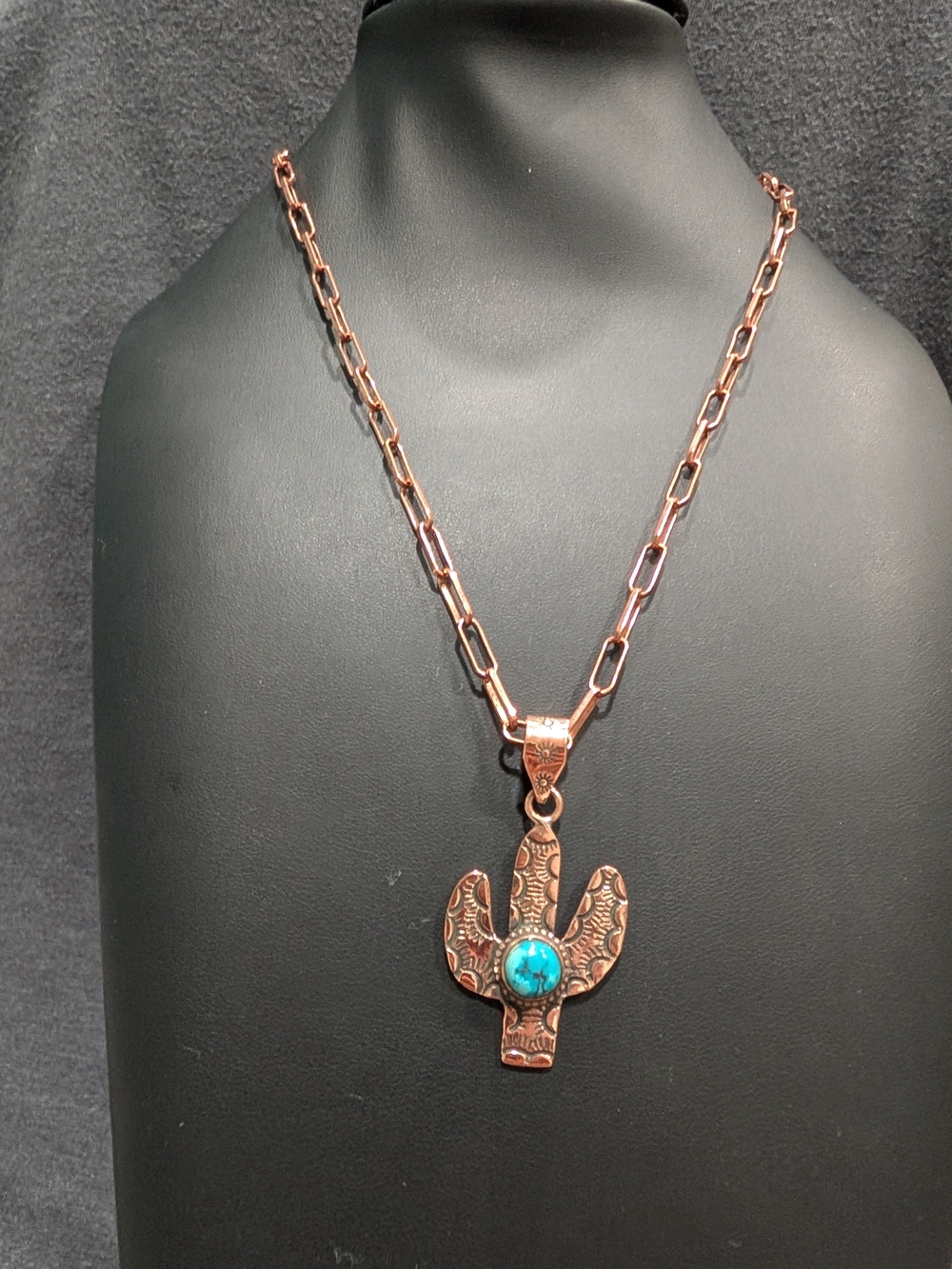 Copper Cactus Pendant Necklace with Turquoise Accent